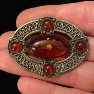 Beautiful Celtic Style Genuine Amber Sterling Silver Pin Brooch Marked 925 GM C